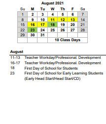 District School Academic Calendar for Charlestowne Academy for August 2021