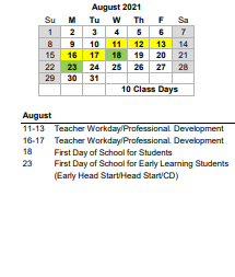 District School Academic Calendar for Garrett Academy Of Tech for August 2021