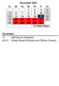 District School Academic Calendar for Murray Lasaine Elem for December 2021