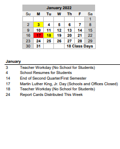 District School Academic Calendar for A C Corcoran Elem for January 2022