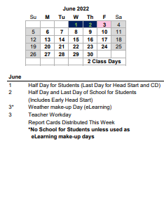 District School Academic Calendar for West Ashley Middle for June 2022
