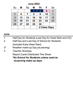 District School Academic Calendar for Mary Ford El for June 2022