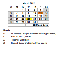 District School Academic Calendar for Murray Lasaine Elem for March 2022