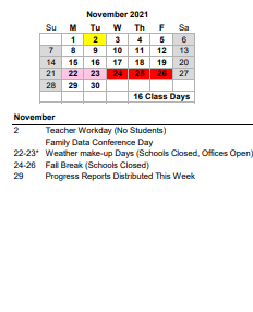 District School Academic Calendar for R D Schroder Middle for November 2021
