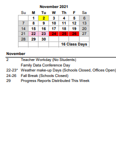 District School Academic Calendar for Garrett Academy Of Tech for November 2021