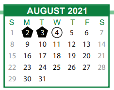 District School Academic Calendar for Tapp Program for August 2021