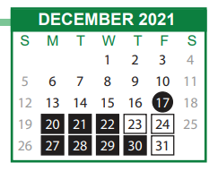 District School Academic Calendar for Hubert Middle School for December 2021