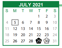 District School Academic Calendar for Pulaski Elementary School for July 2021