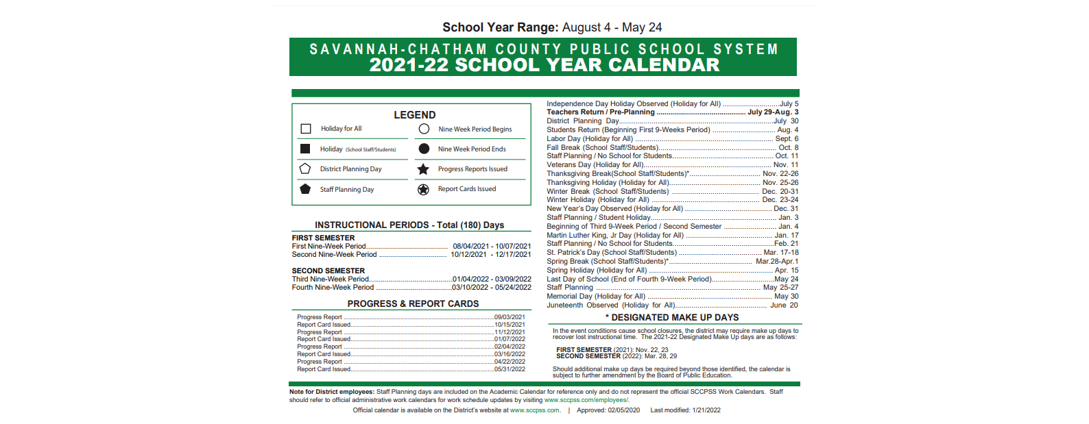 District School Academic Calendar Key for Savannah Corporate Academies