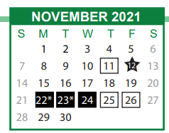 District School Academic Calendar for Derenne Middle School for November 2021