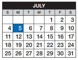District School Academic Calendar for Fox Hollow Elementary School for July 2021