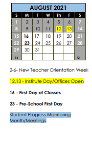 District School Academic Calendar for Illinois Park Elem School for August 2021