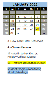 District School Academic Calendar for Streamwood High School for January 2022