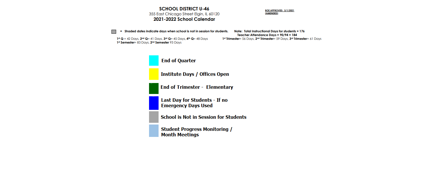 District School Academic Calendar Key for Centennial School