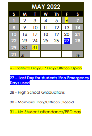 District School Academic Calendar for Hillcrest Elem School for May 2022