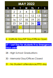 District School Academic Calendar for Independence Preschool for May 2022