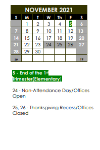 District School Academic Calendar for Central School Program for November 2021