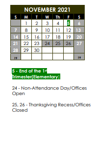 District School Academic Calendar for Spring Trail Elementary School for November 2021