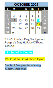 District School Academic Calendar for Independence Preschool for October 2021