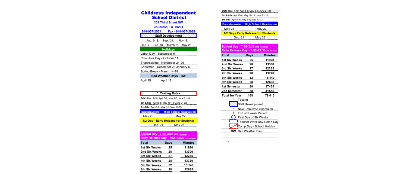 District School Academic Calendar Key for Childress High School