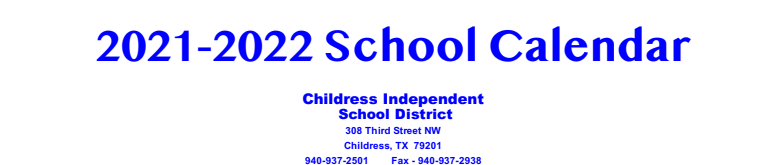 District School Academic Calendar for Childress Junior High