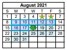 District School Academic Calendar for China Spring Middle for August 2021