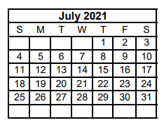 District School Academic Calendar for China Spring Elementary for July 2021