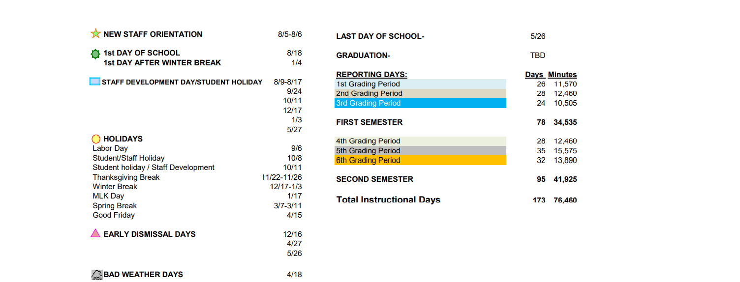 District School Academic Calendar Key for China Spring Intermediate