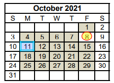 District School Academic Calendar for China Spring Middle for October 2021
