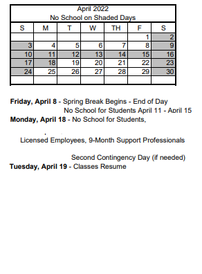 District School Academic Calendar for Wendell P. Williams Elementary School for April 2022