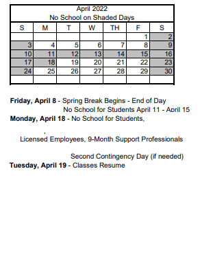 District School Academic Calendar for Fredric W. Watson Elementary School for April 2022