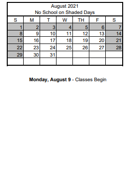 District School Academic Calendar for Wendell P. Williams Elementary School for August 2021