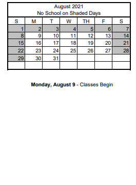 District School Academic Calendar for Vail Pittman Elementary School for August 2021