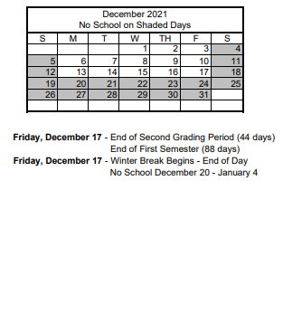 District School Academic Calendar for Fredric W. Watson Elementary School for December 2021