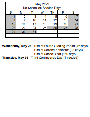 District School Academic Calendar for Wendell P. Williams Elementary School for May 2022
