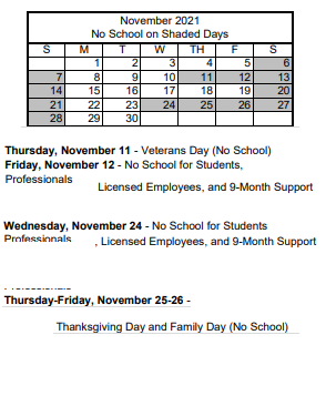 District School Academic Calendar for Wendell P. Williams Elementary School for November 2021