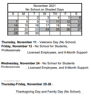 District School Academic Calendar for Twin Lakes Elementary School for November 2021