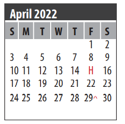 District School Academic Calendar for G H Whitcomb Elementary for April 2022