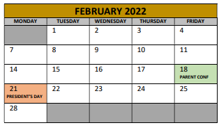 District School Academic Calendar for Adams Elementary for February 2022