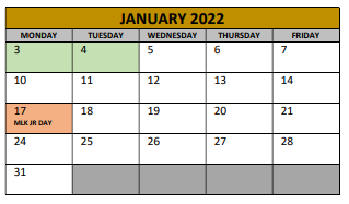 District School Academic Calendar for Irving Elementary for January 2022