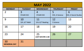 District School Academic Calendar for Adams Elementary for May 2022