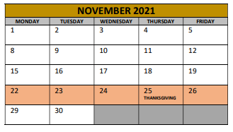 District School Academic Calendar for Irving Elementary for November 2021