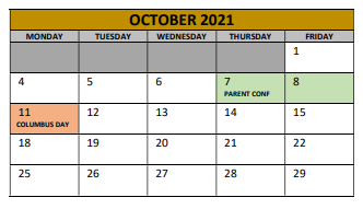 District School Academic Calendar for Adams Elementary for October 2021