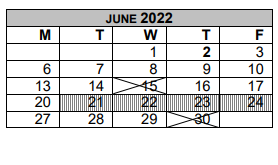 District School Academic Calendar for Eastside Int for June 2022