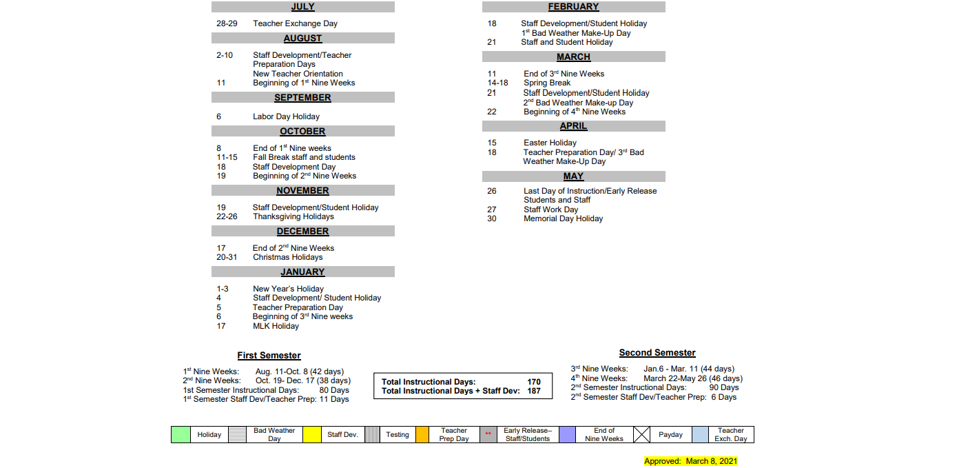 District School Academic Calendar Key for Southside Primary