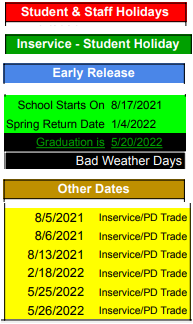 District School Academic Calendar Legend for Clifton Intermediate