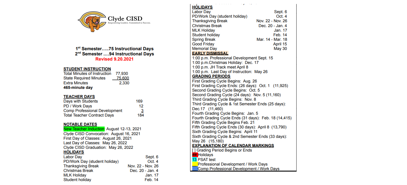 District School Academic Calendar Key for Clyde Junior High