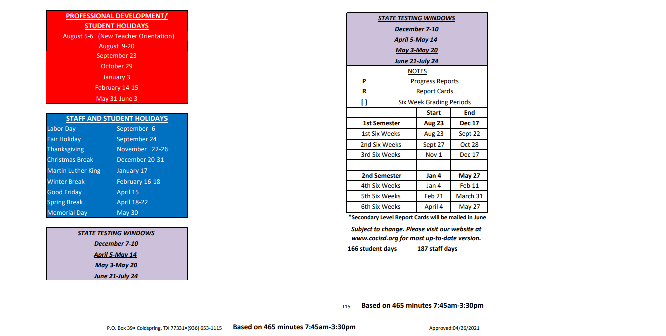 District School Academic Calendar Key for Coldspring-oakhurst Intermediate