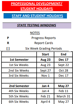 District School Academic Calendar Legend for Coldspring-oakhurst Intermediate