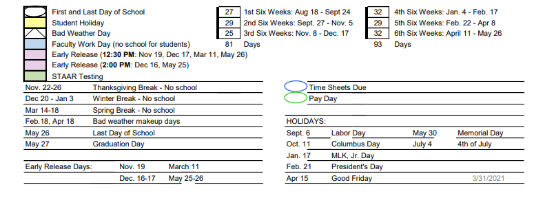 District School Academic Calendar Key for Coleman Junior High